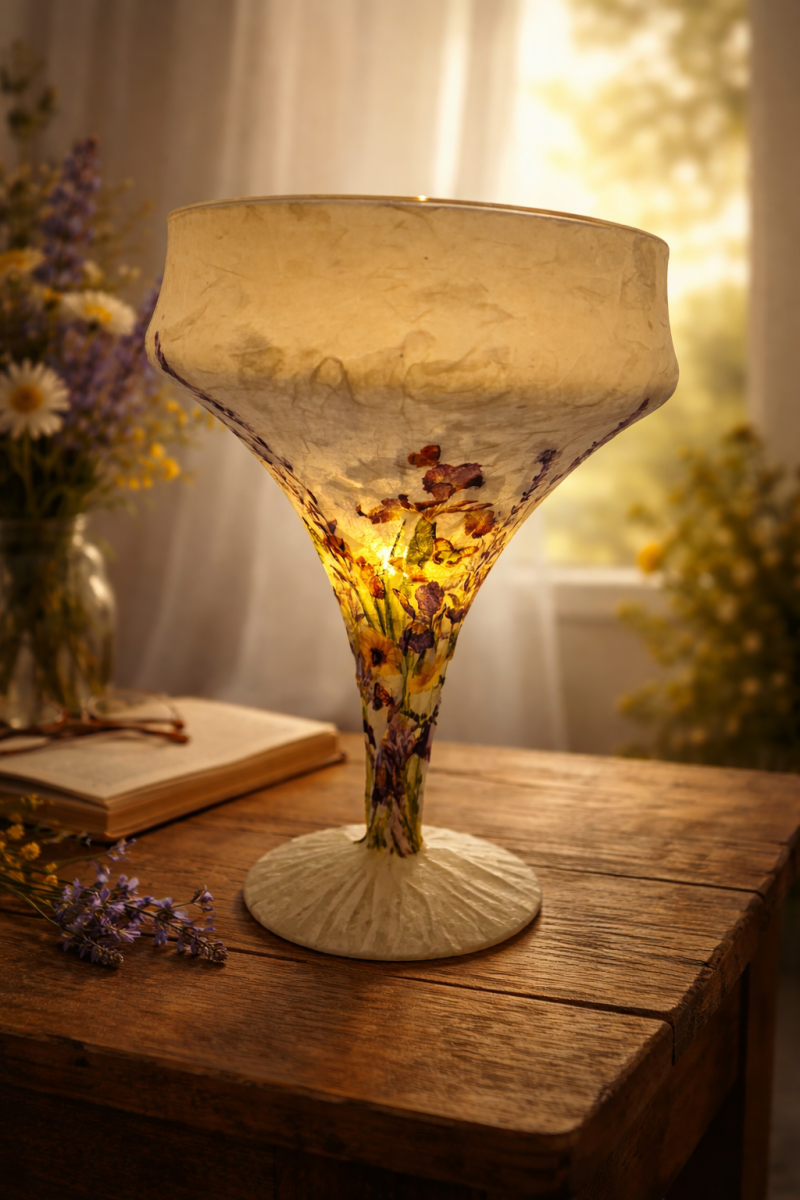 Handgemaakte decoupage vaas met bloemenmotief en zachte transparante afwerking, unieke bewerkte woondecoratie