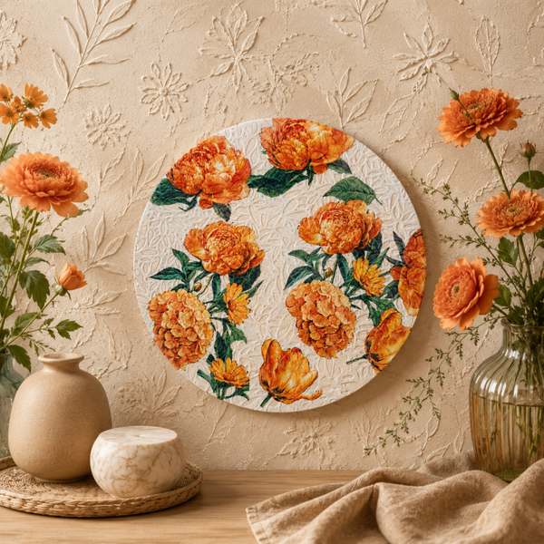 Muurcirkel Oranje Bloemen met reliëf -30 cm