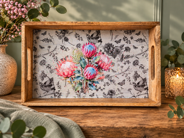 Houten dienblad met Protea bloemen en vogels | Handgemaakt | ArtOnCards