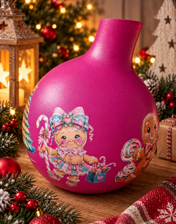 Roze kerstvaas met gingerbread – Een vrolijke blikvanger voor de feestdagen