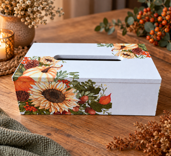 🌻 Handgedecoreerde tissuedoos met zonnebloemen en pompoen
