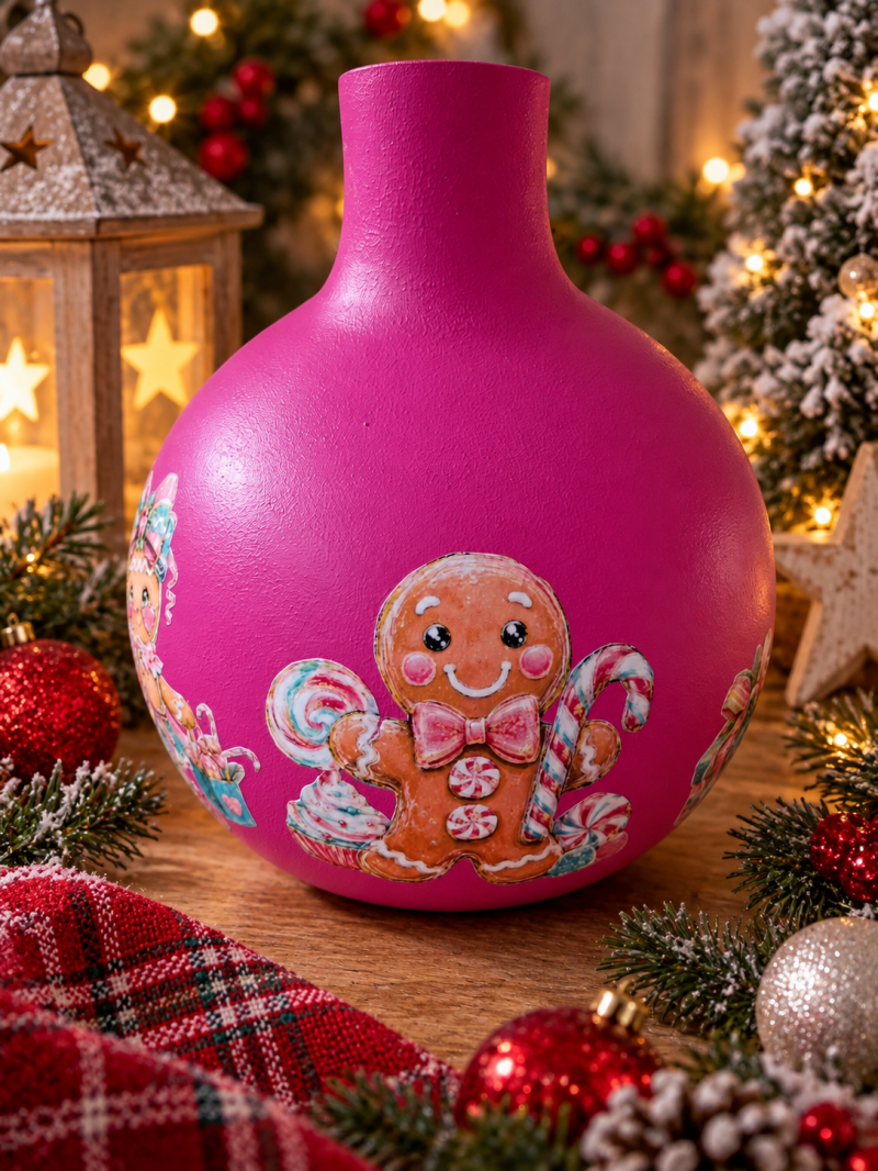 Handbewerkte fuchsia roze kerstvaas met gingerbread en kleurrijke snoepdecoraties.