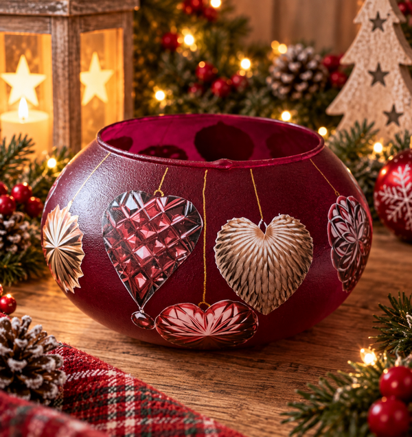 Bordeauxrode kerstvaas met hartdecoraties – Unieke handgemaakte woondecoratie