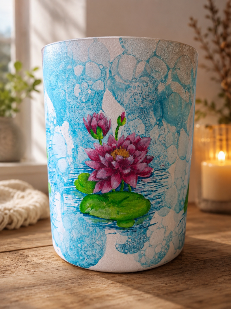 Handbeschilderde witte vaas met blauwe bubbels, roze waterlelies, groene bladeren en een kleine libelle.
