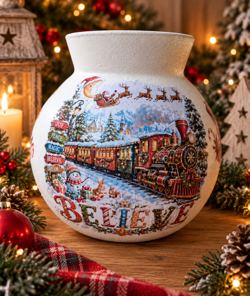 wit kerstvaas met nostalgische afbeeldingen