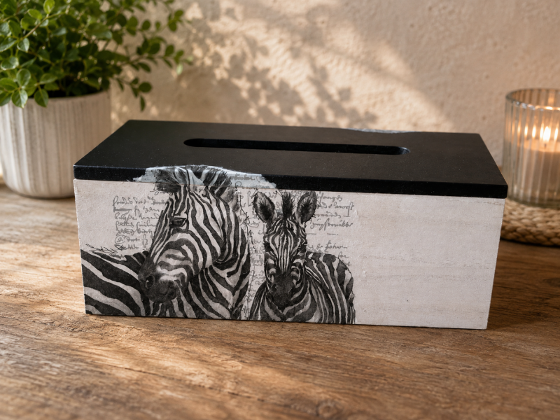Handbewerkte tissuedoos met zebra's en zwarte deksel