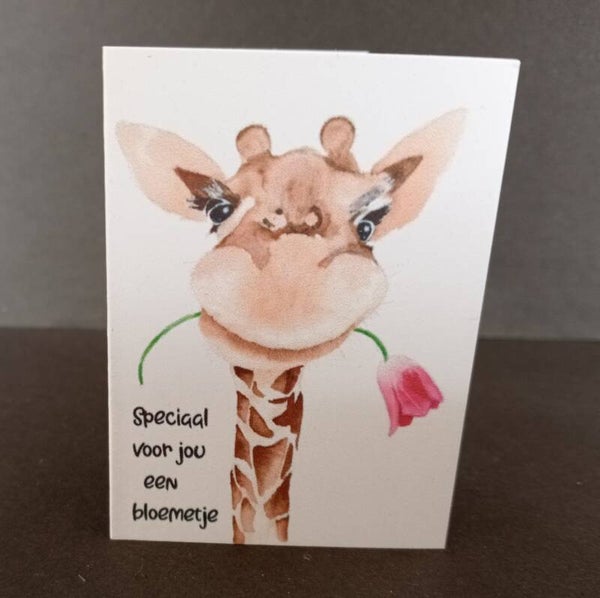 Verjaardagskaart met giraf en bloemetje. Met de tekst: “Speciaal voor jou een bloemetje”.