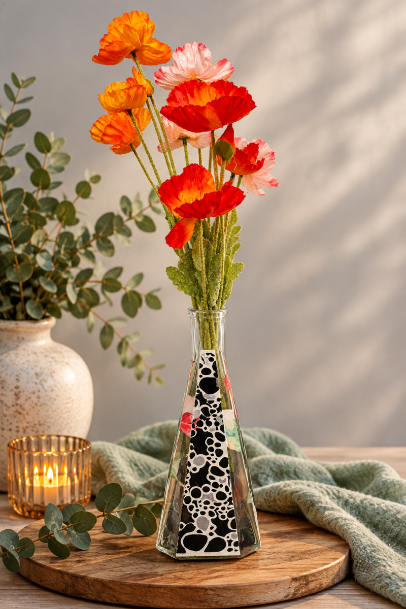 Handgedecoreerde glazen karaf met zwart-witte en grijze sculpture pasta, decoupage en kleurrijke bloemen