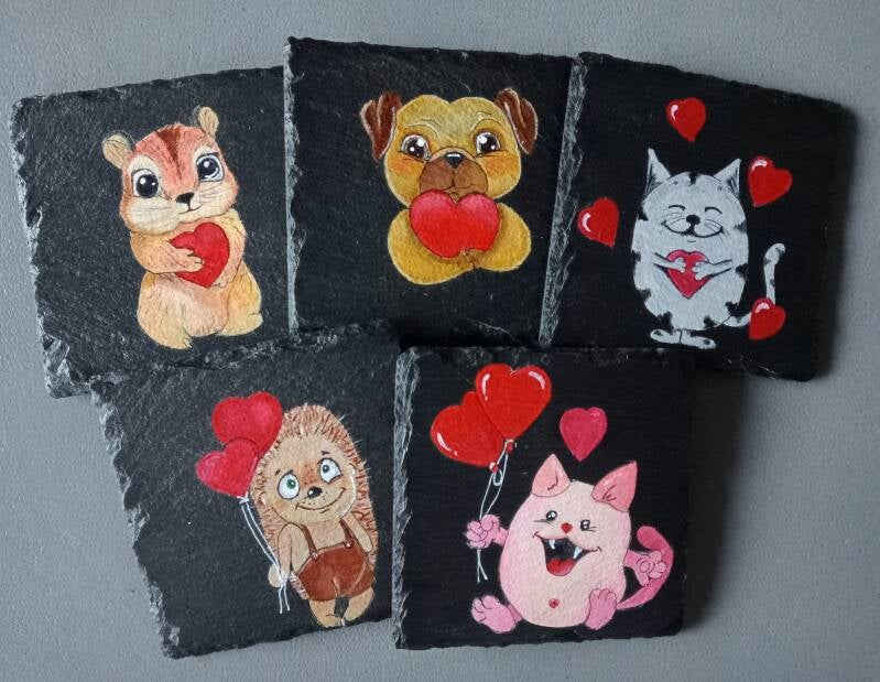 handbeschilderde leistenen onderzetters met lieve diertjes