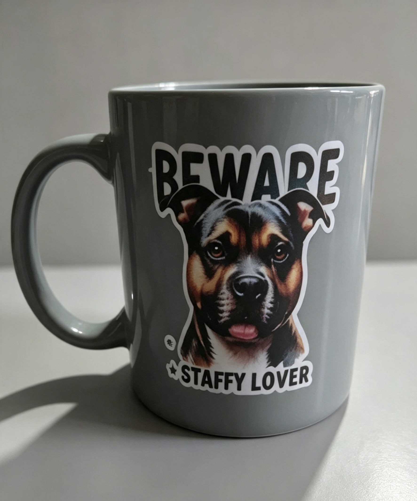 Beware Staffy Lover Mug 🐾 with multicolored paw print