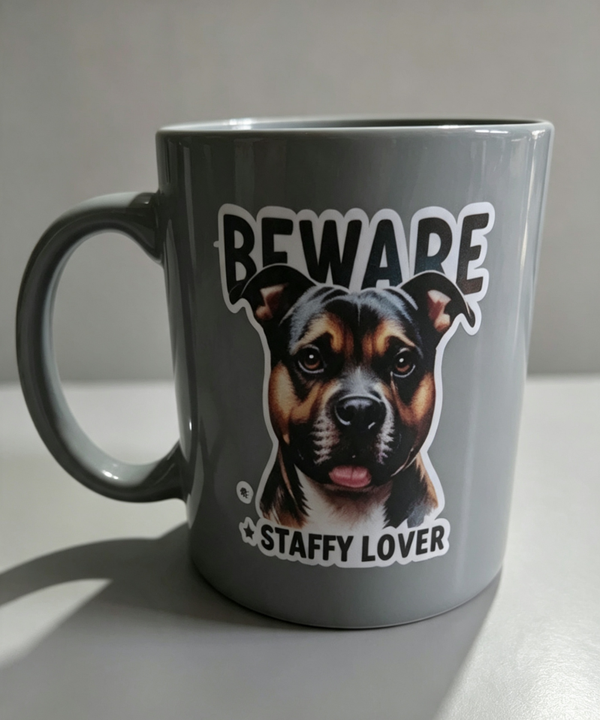 Beware Staffy Lover Mug 🐾 with multicolored paw print