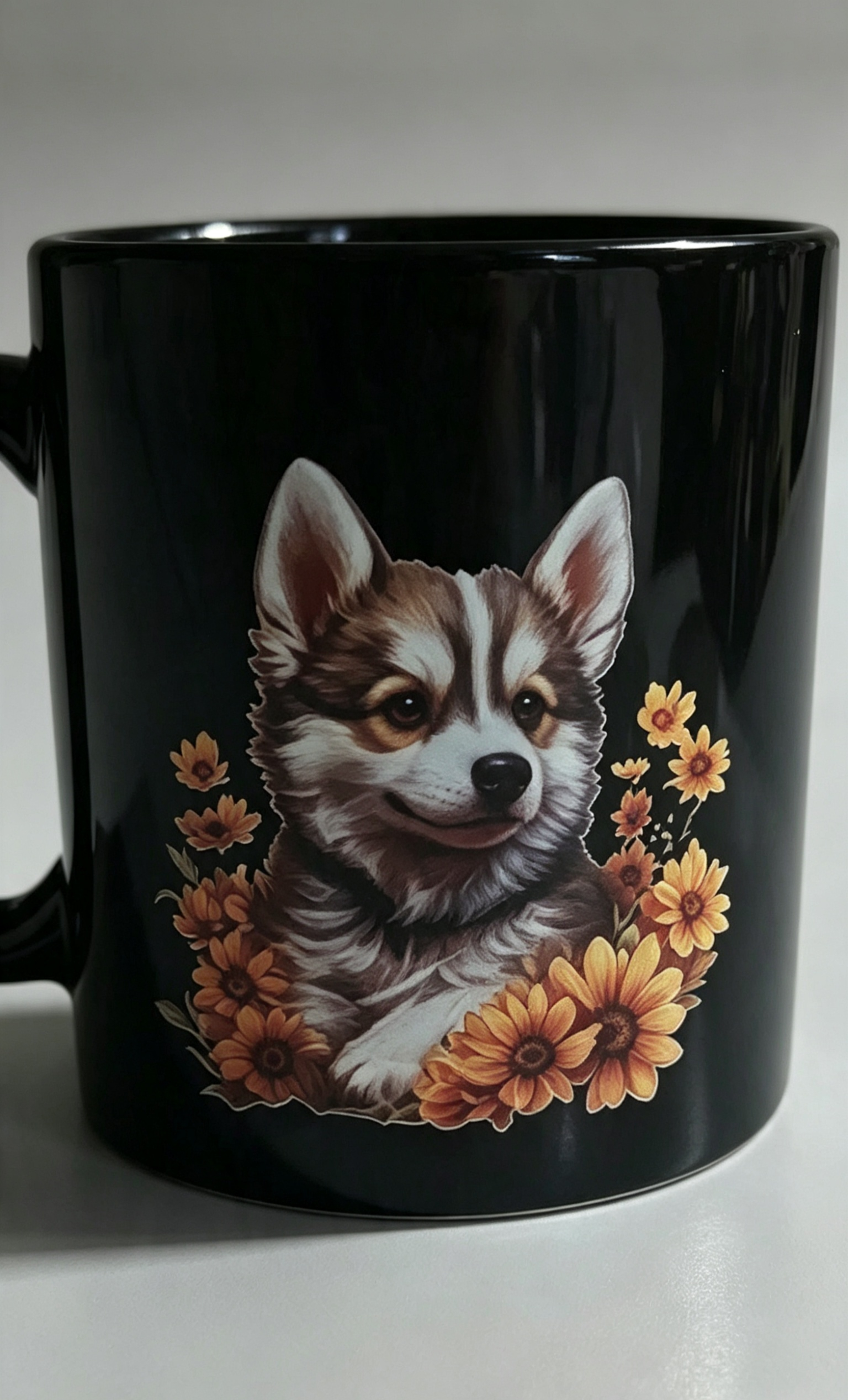 Husky Dog Mug with Orange Floral Design & Multicoloured Paw Print 🐺🧡🐾