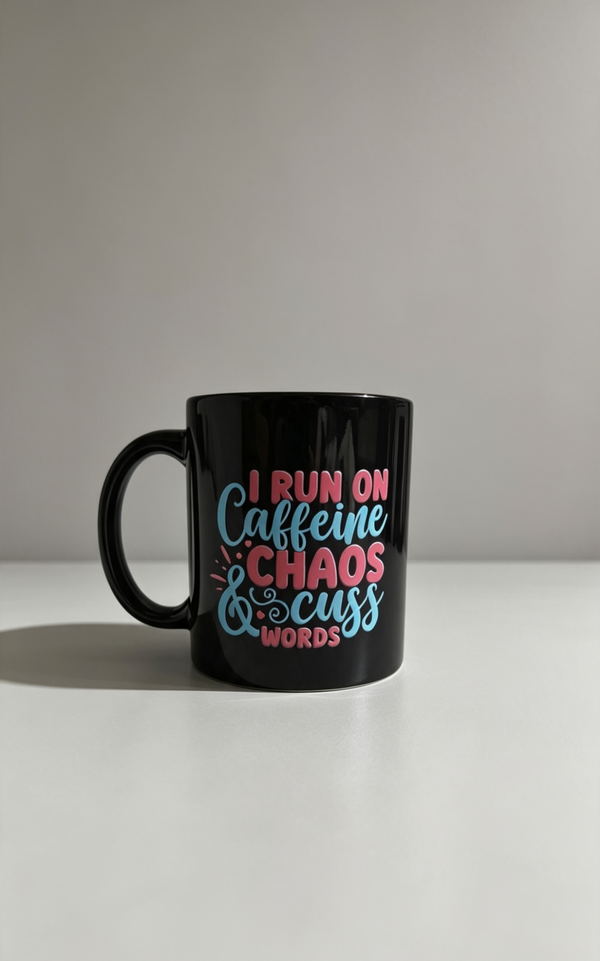 I Run Off Caffeine, Chaos & Cuss Words Mug | Funny Coffee Cup | Sarcastic Gift | Office Mug | Gift for Friends | Humorous Tea Cup