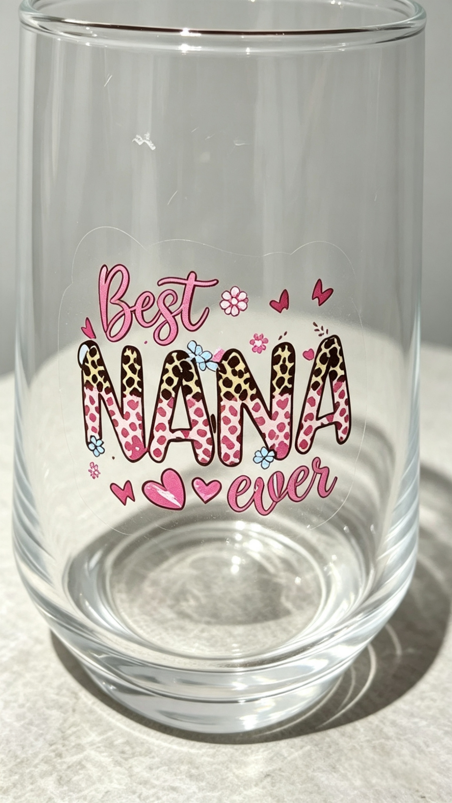 Nana Ever Glass – Pink Leopard Heart Floral Butterfly Design