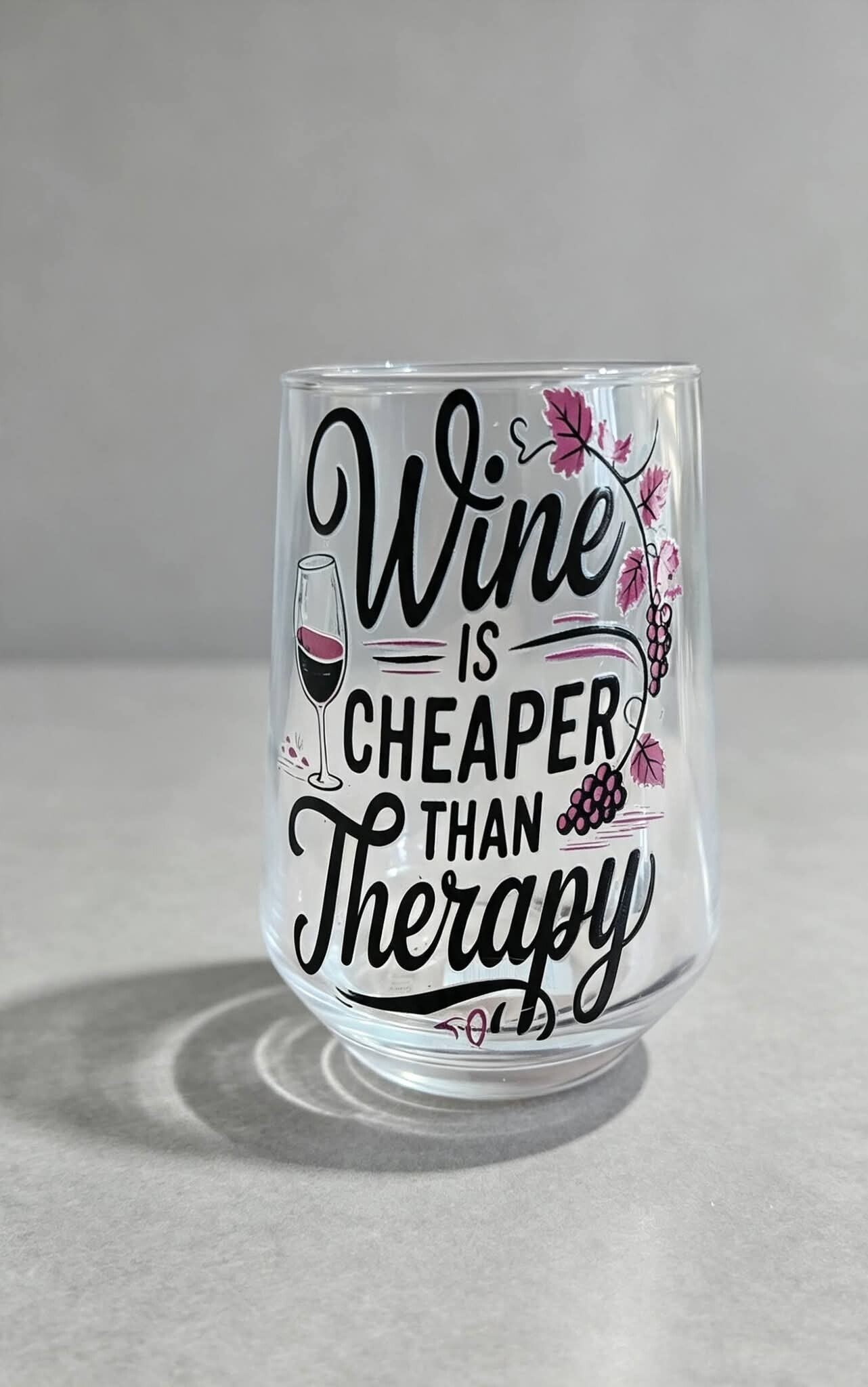 Wine Is Cheaper Than Therapy | Funny Wine Glass | Stemless Wine Glass | Gift for Wine Lovers | Humorous Gift