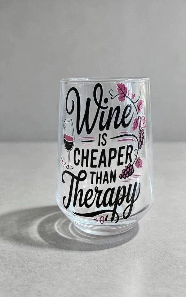 Wine Is Cheaper Than Therapy | Funny Wine Glass | Stemless Wine Glass | Gift for Wine Lovers | Humorous Gift