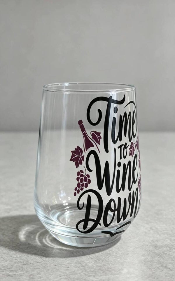 Time to Wine Down | Funny Wine Glass | Gift for Wine Lovers | Elegant Stemless Wine Glass | Relaxation Gift |