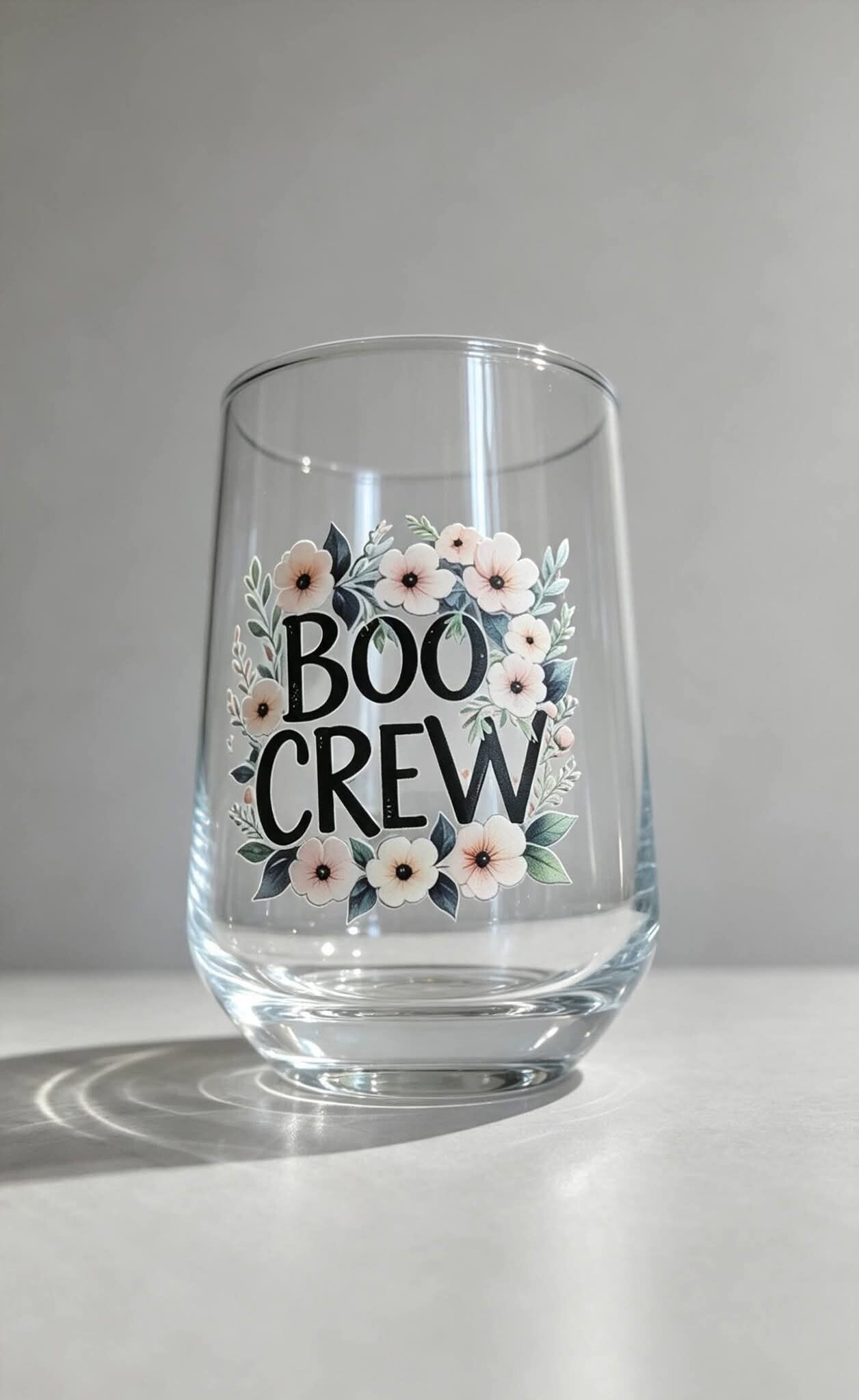 Boo Crew Glass Can with Pink Floral Design – Cute Halloween Libbey Glass | Spooky Floral Iced Coffee Cup | Pink Ghost Glass | Autumn Drinkware | Halloween Gift