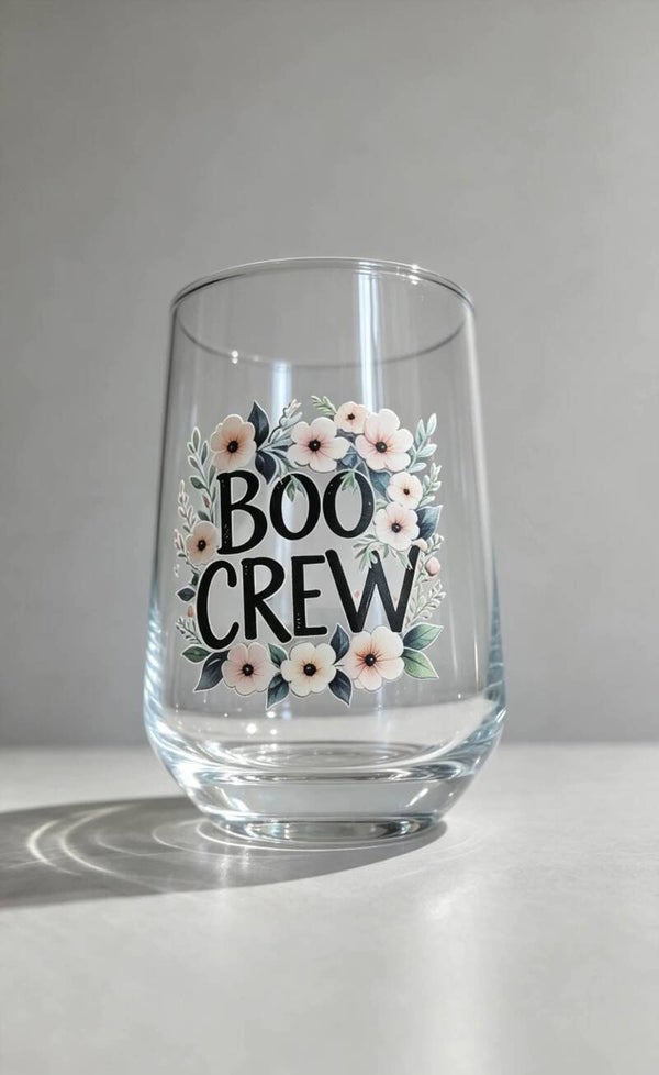 Boo Crew Glass Can with Pink Floral Design – Cute Halloween Libbey Glass | Spooky Floral Iced Coffee Cup | Pink Ghost Glass | Autumn Drinkware | Halloween Gift