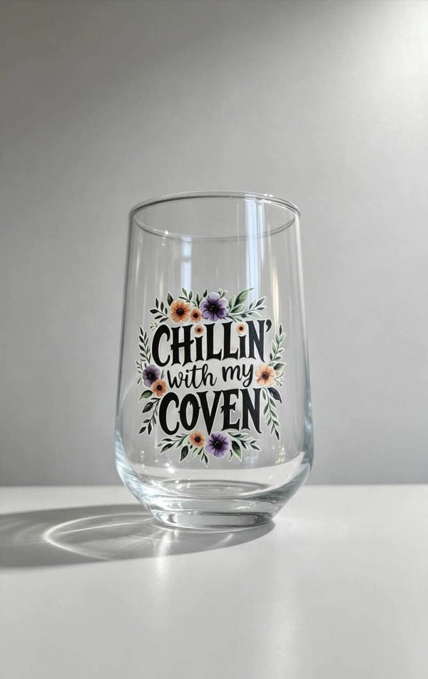 Chillin' With My Coven Glass Can – Funny Witch Glass | Halloween Libbey Glass | Spooky Season Cup | Witchy Iced Coffee Glass | Gift for Witch Lovers