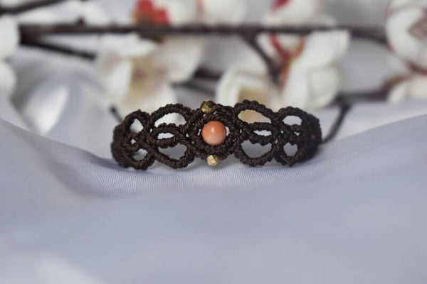 ​Bracelet « Douceur de Champagne » – Micro-Macramé Marron Chocolat, Aventurine Rose & Hématite Champagne Facettée