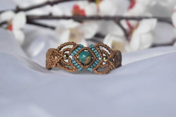 ​Bracelet « Sillon de Jaspe » – Micro-Macramé Marron & Jaspe (Aquaterra ou Impérial) avec Hématite Dorée