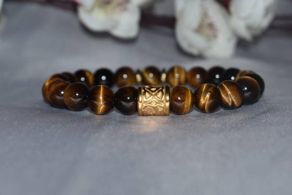 ​Bracelet « Éclat Solaire » – Perles 8mm Œil de Tigre & Acier Gold