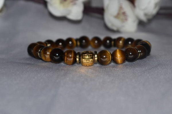 ​Bracelet « Rayon d'Ambre » – Perles 8mm Œil de Tigre & Acier Gold