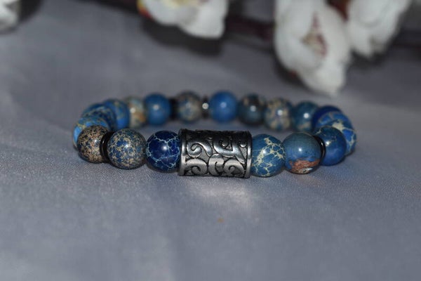 ​Bracelet « Bleu Tanganika » – Perles 8mm Jaspe Impérial & Acier Silver