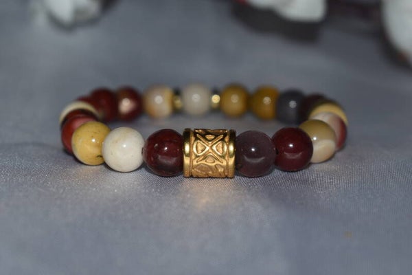 ​Bracelet « Terres d'Australie » – Perles 8mm Mookaïte & Acier Gold