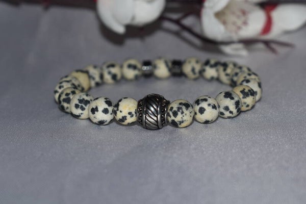 ​Bracelet « Tacheté Sauvage » – Perles 8mm Jaspe Dalmatien & Acier Silver
