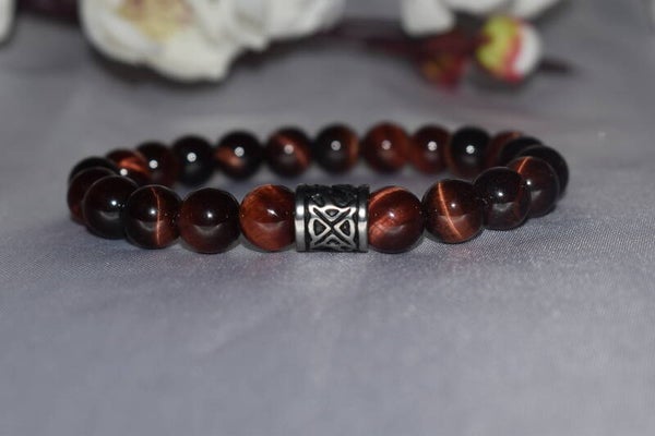 ​Bracelet « Force du Taureau » – Perles 8mm Œil de Taureau & Acier Silver