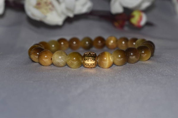 ​Bracelet « Or de Birmanie » – Perles 8mm Œil de Tigre Jaune de Birmanie & Acier Gold