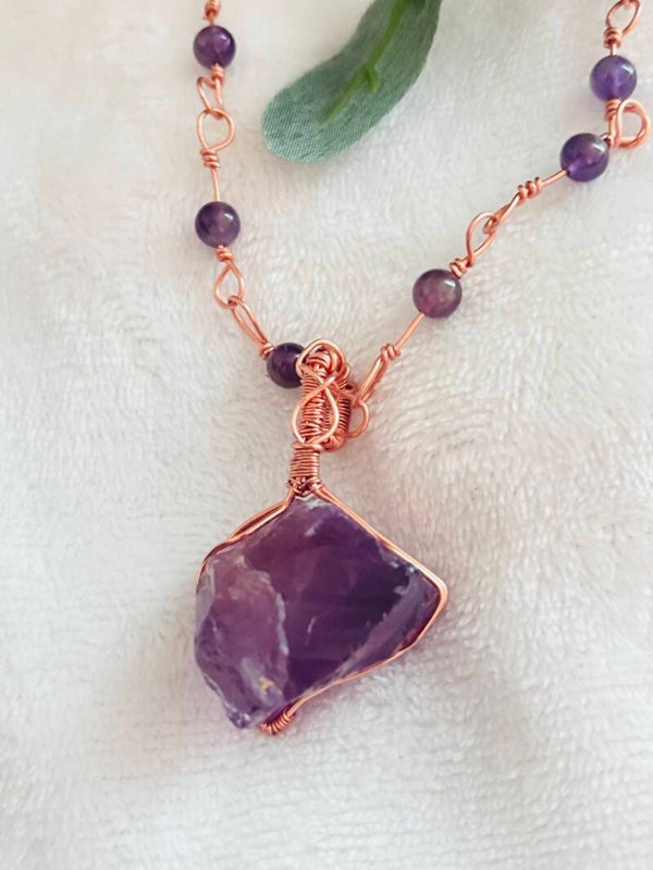 Copper wire wrapped amethyst beaded necklace