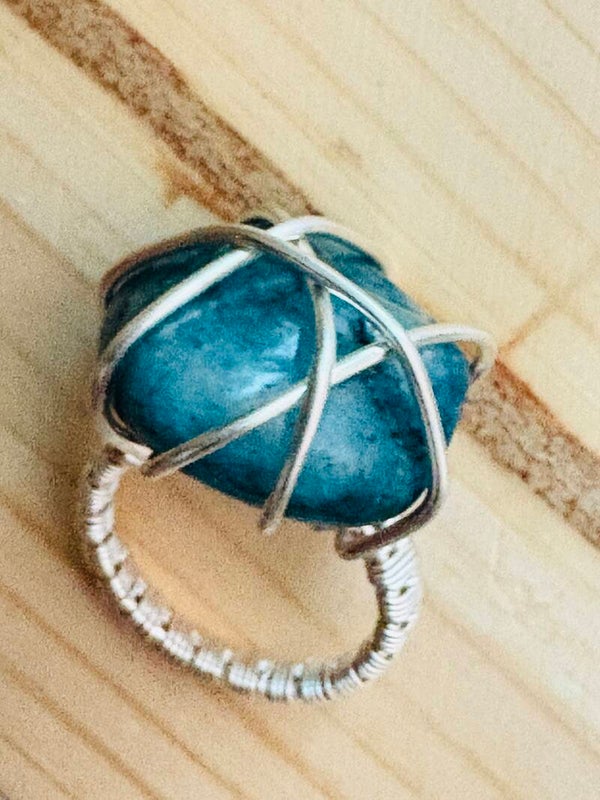 Silver wire wrapped green agate ring