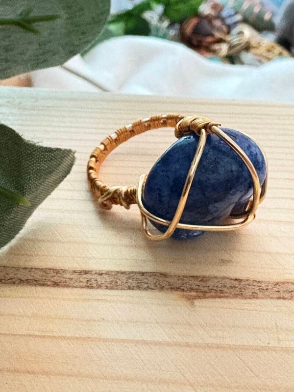 Handmade wire wrapped lapis lazuli ring gold size 9