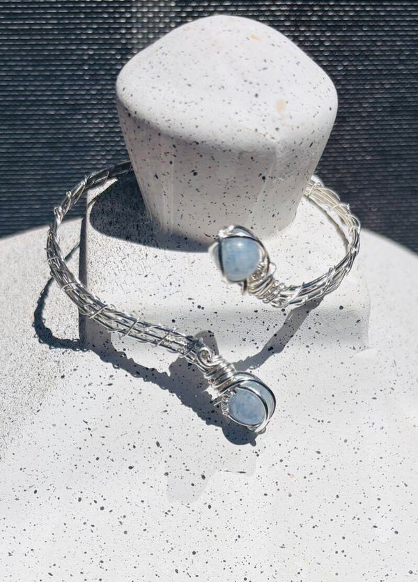 Silver wire wrapped blue lace agate bangle
