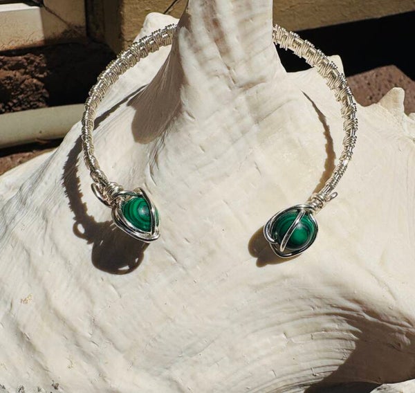 Silver wire wrapped malachite bangle
