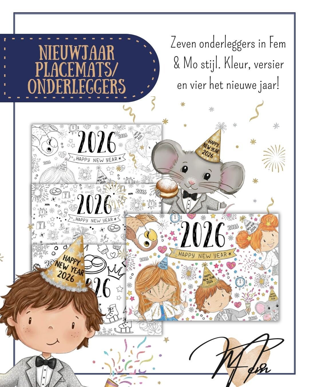 Placemat/onderlegger Nieuwjaar 2026 – Groep 1 t/m 8  (Fem & Mo stijl)