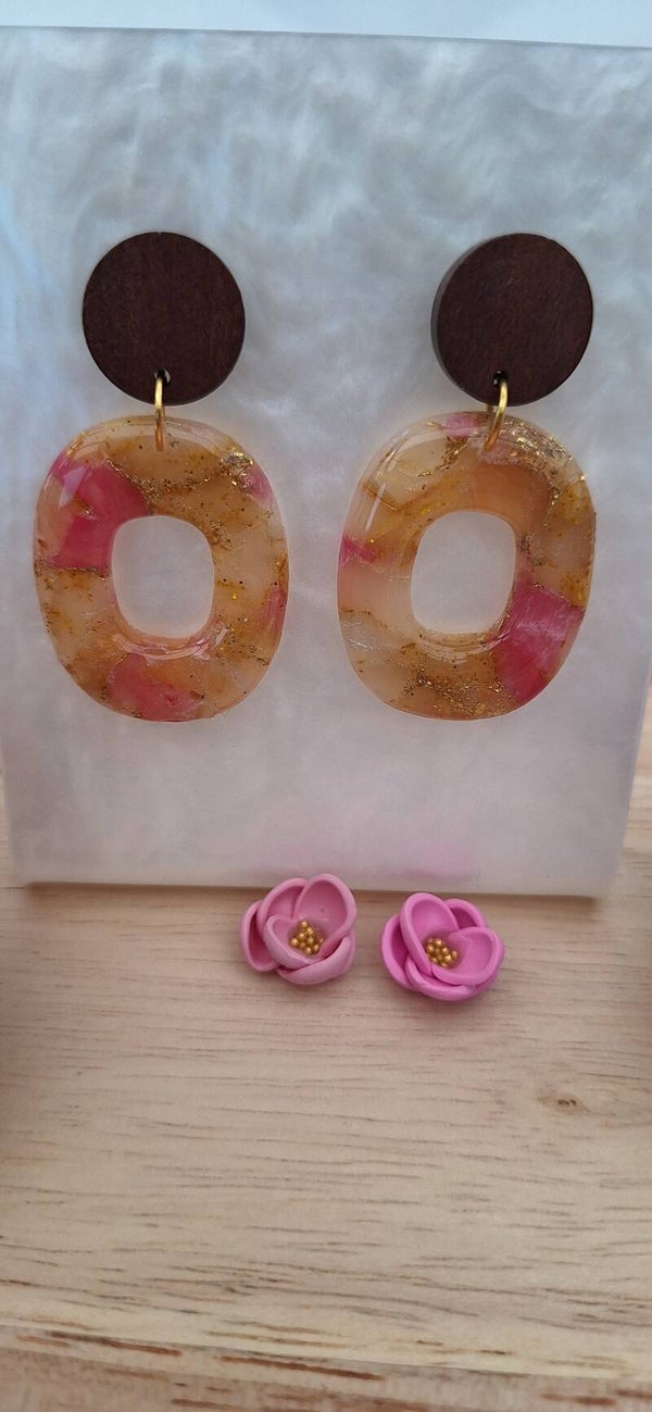 Handgemaakte oorbellen Stone effect Ovaal met bruine ronde steker