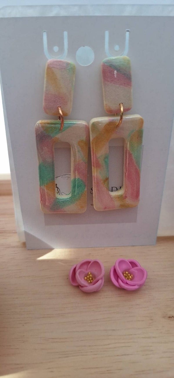 Handgemaakte oorbellen uit polymeerklei: Multicolor rechthoekig