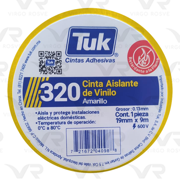 Cinta Aislar Eléctrica TUK 320 Color Amarillo 19mm x 9m