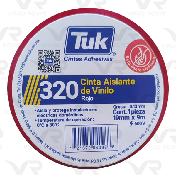 Cinta Aislar Eléctrica TUK 320 Color Rojo 19mm x 9m