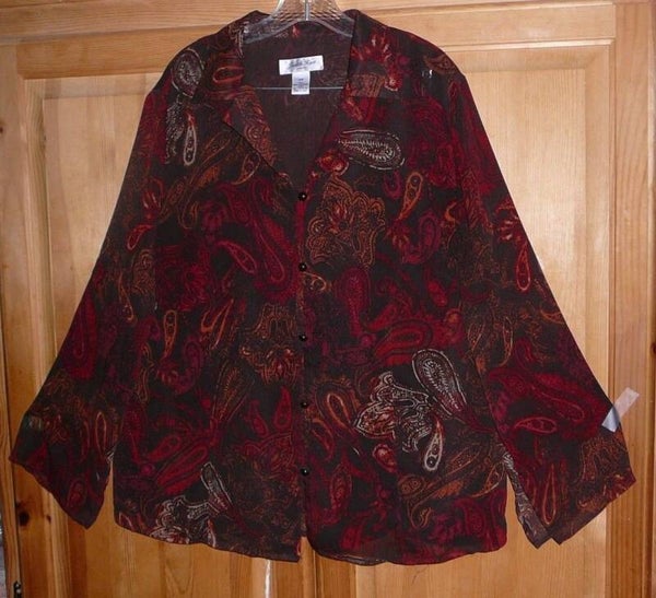Judith Hart Womans Semi Sheer Paisley Blouse 16W Brown Multicolor