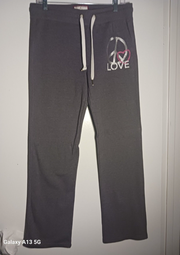 Womans Medium Peace Love Vintage Straight Leg Tie Waist Dk Gray Sweat Pants
