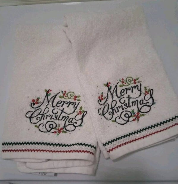 34th & Pine White Set Of 2 Kitchen Linens Christmas Glam Hand Towels