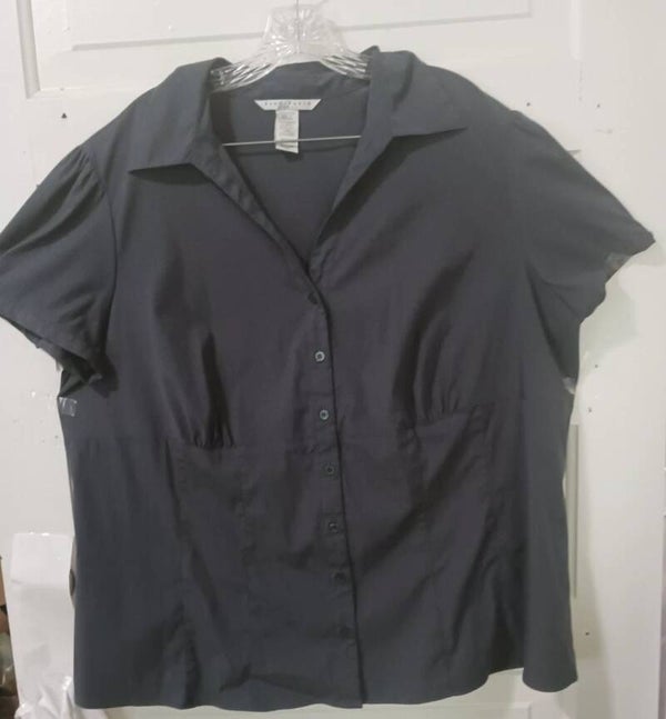 Fred David Womans Dk Gray Stretch Button Down V-Neck Shirt Plus Sz Blouse 22/24W