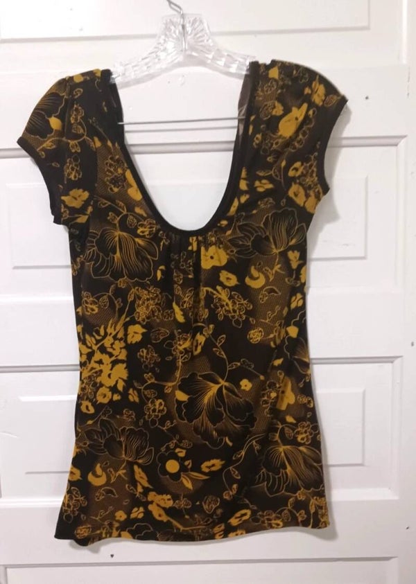 Womans Medium Brown & Yellow Floral Summer Top with Tie Back Neck by Sixteen