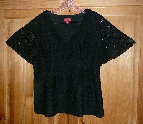 ELLE Womans Large Black Lace Butterfly Sleeves Blouse