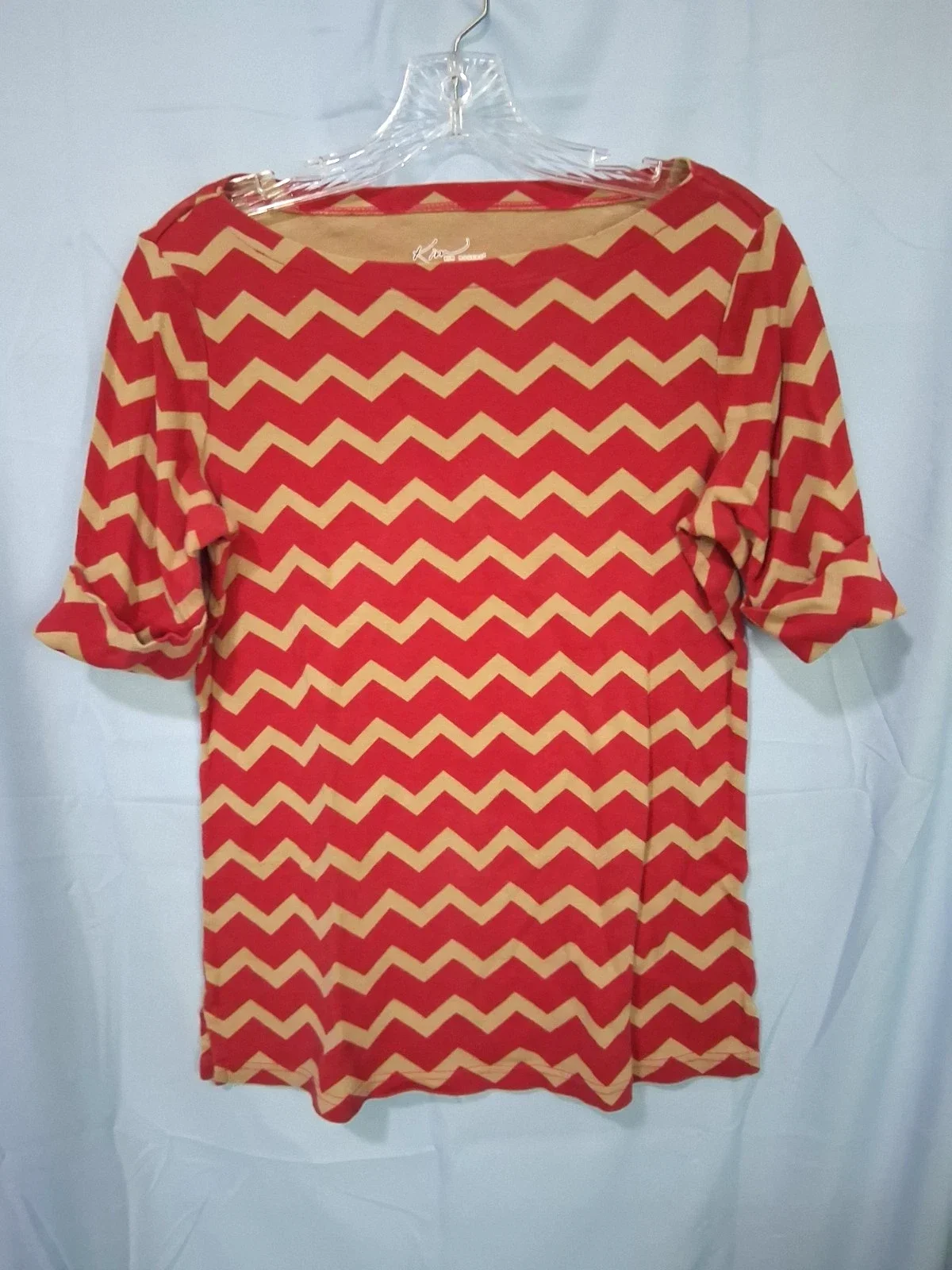 Kim Rogers Womans Red & Tan Flirty Chevron Style Blouse with Boat Neck